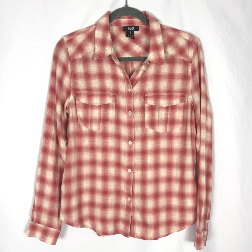 PAIGE Pink Cream Plaid Long Sleeve Button Down Flannel Shirt - Size Small EUC